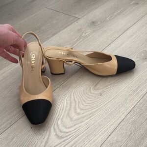 CHANEL Beige and Black Slingback Heels